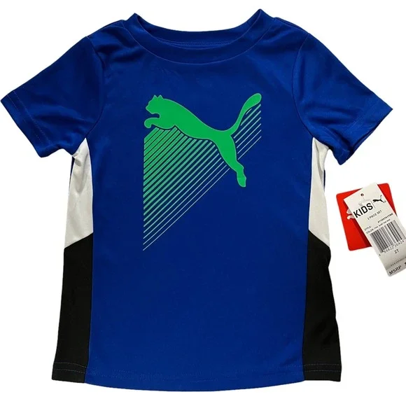 Puma Toddler Boys T-Shirt & Shorts Sporty Outfit Set Size 2T Black Blue Green - Picture 5 of 5